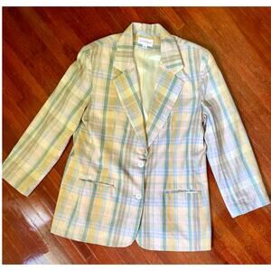 Vintage 80s Carroll Reed Pink Blue Peach Cotton Plaid Blazer Jacket X-Large Prep